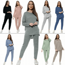 Womens Ladies Long Sleeve Plain Lounge Wear Set Casual Comfy Two Piece Tracksuit